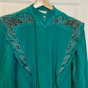 VTG 80s I Imagnin sea green wide shoulder ‘power blouse’ silk w/ sequins sz 8